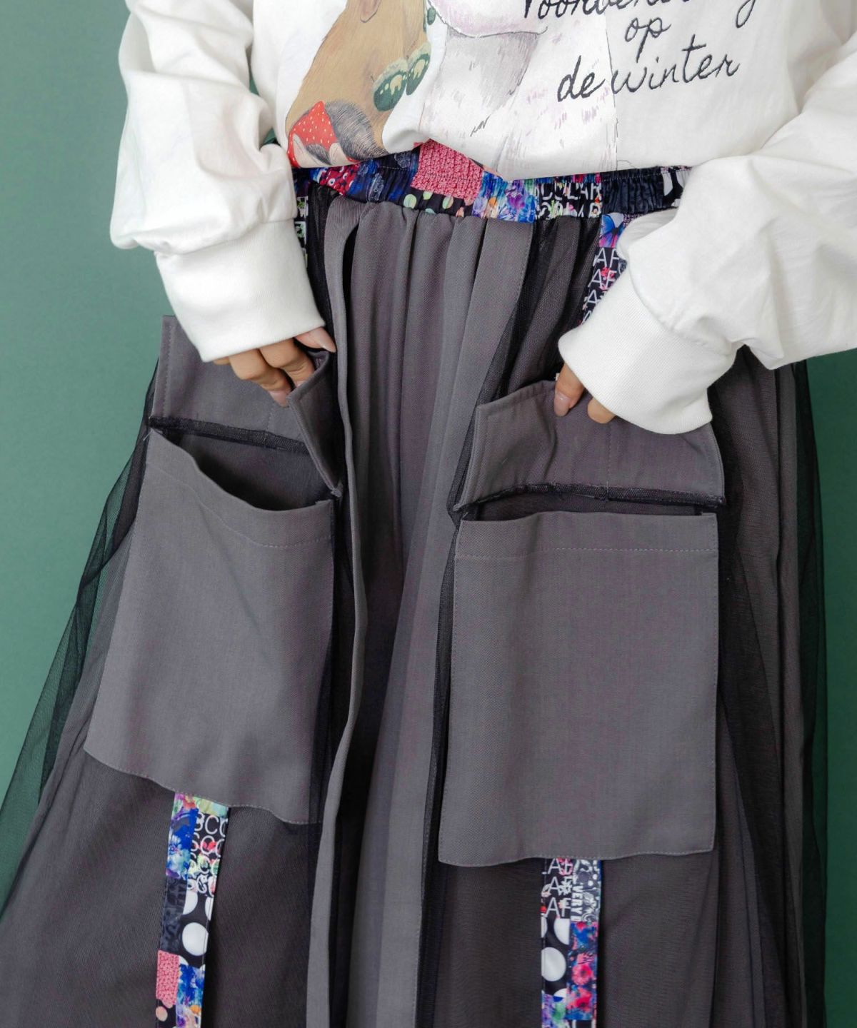 チュールとラインテープのカーゴスカート-8