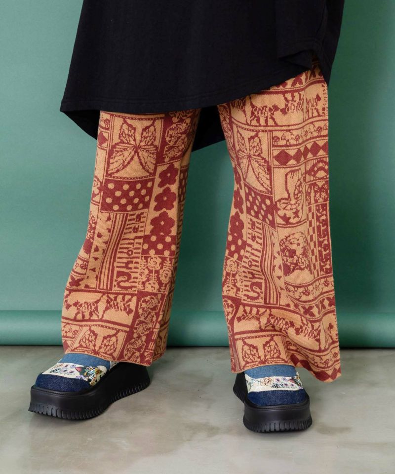 ネコと蝶と植物のエスニック風ニットパンツ-1