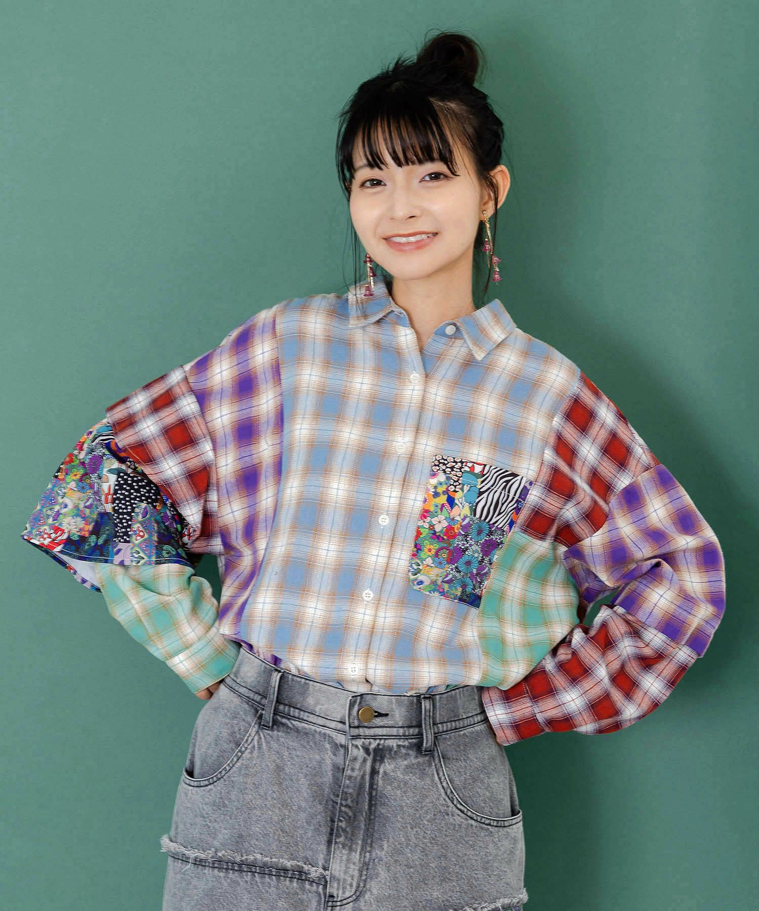 153687：チェックと総柄のアシメパッチワークシャツの通販-ScoLar