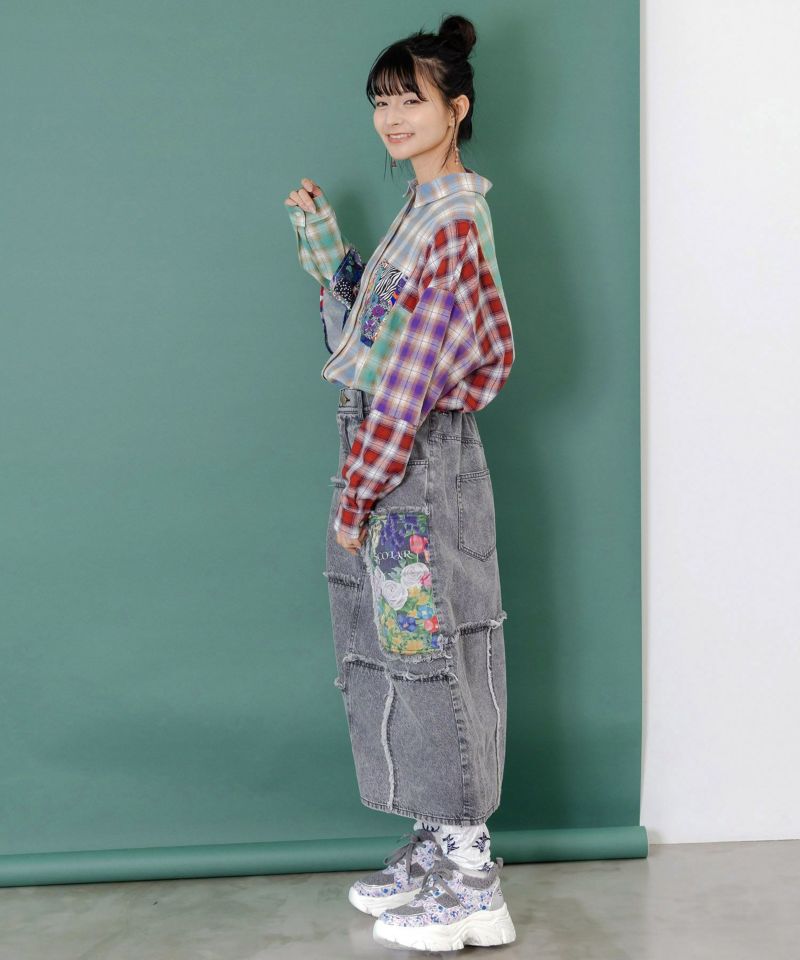 チェックと総柄のアシメパッチワークシャツ-6