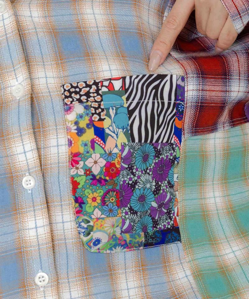 チェックと総柄のアシメパッチワークシャツ-7