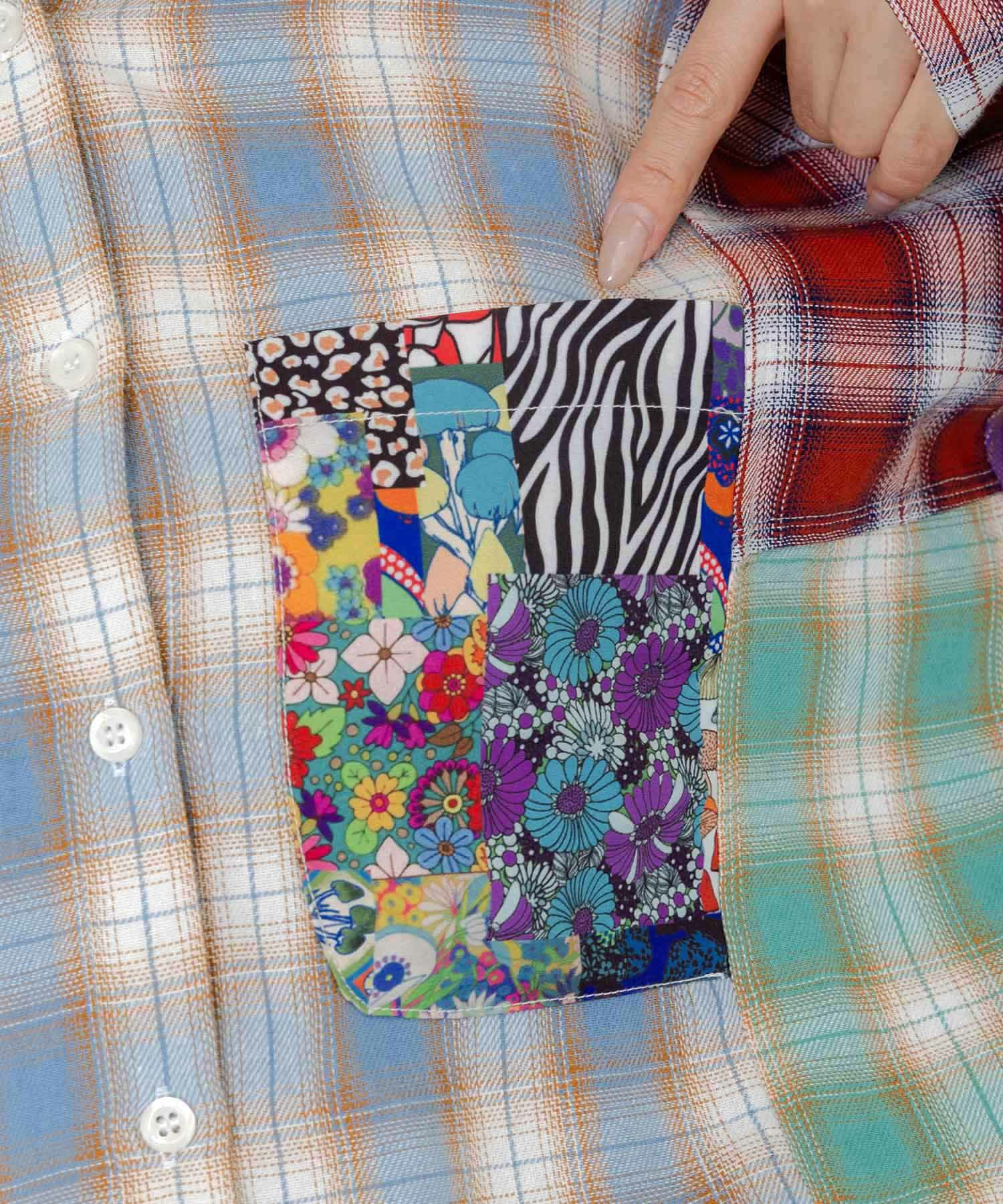 チェックと総柄のアシメパッチワークシャツ-7