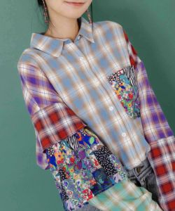 153687：チェックと総柄のアシメパッチワークシャツの通販-ScoLar