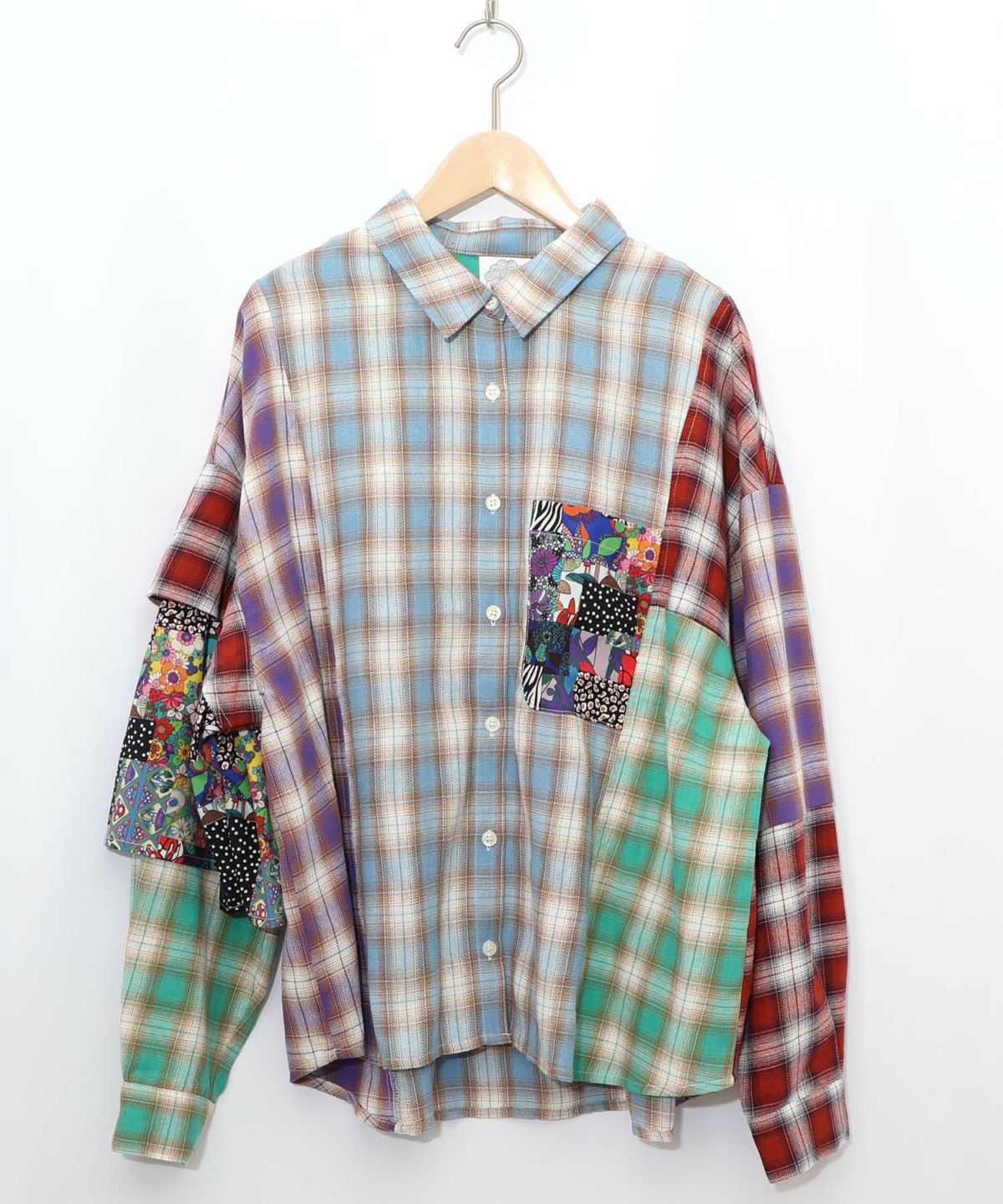 チェックと総柄のアシメパッチワークシャツ-10