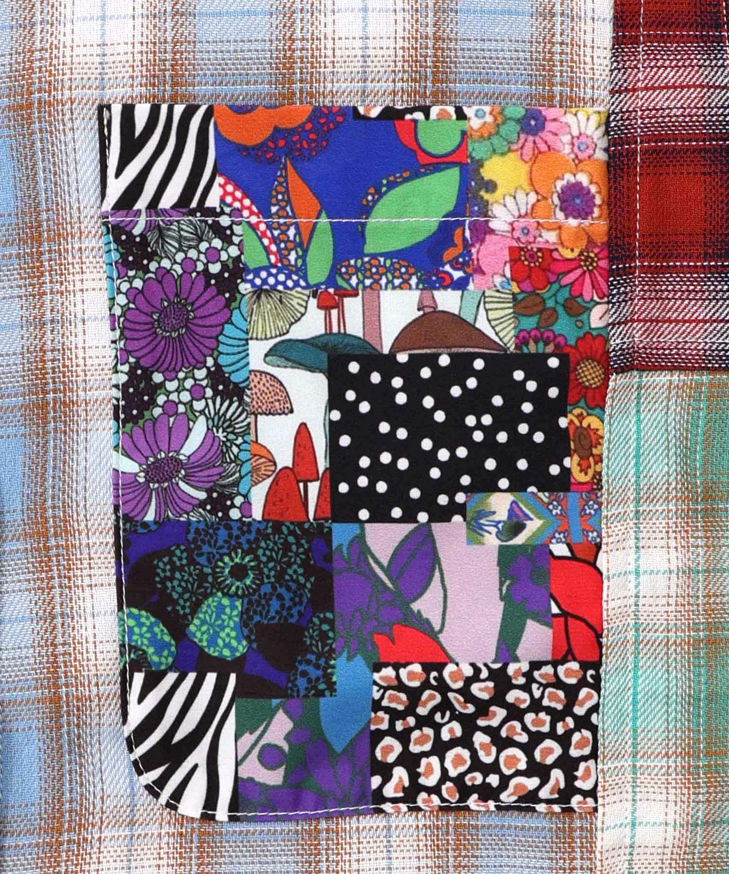 チェックと総柄のアシメパッチワークシャツ-11