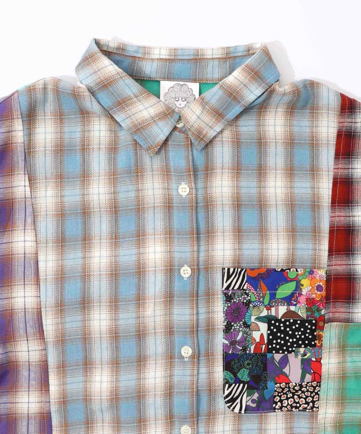 チェックと総柄のアシメパッチワークシャツ-12