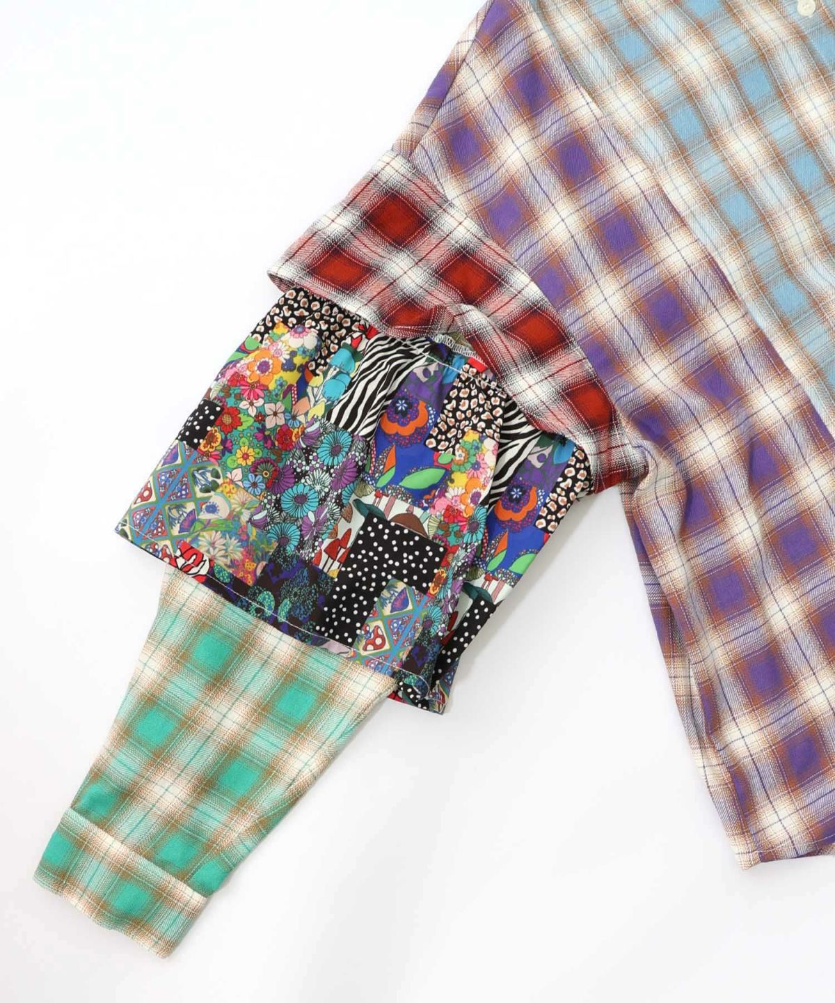 チェックと総柄のアシメパッチワークシャツ-13