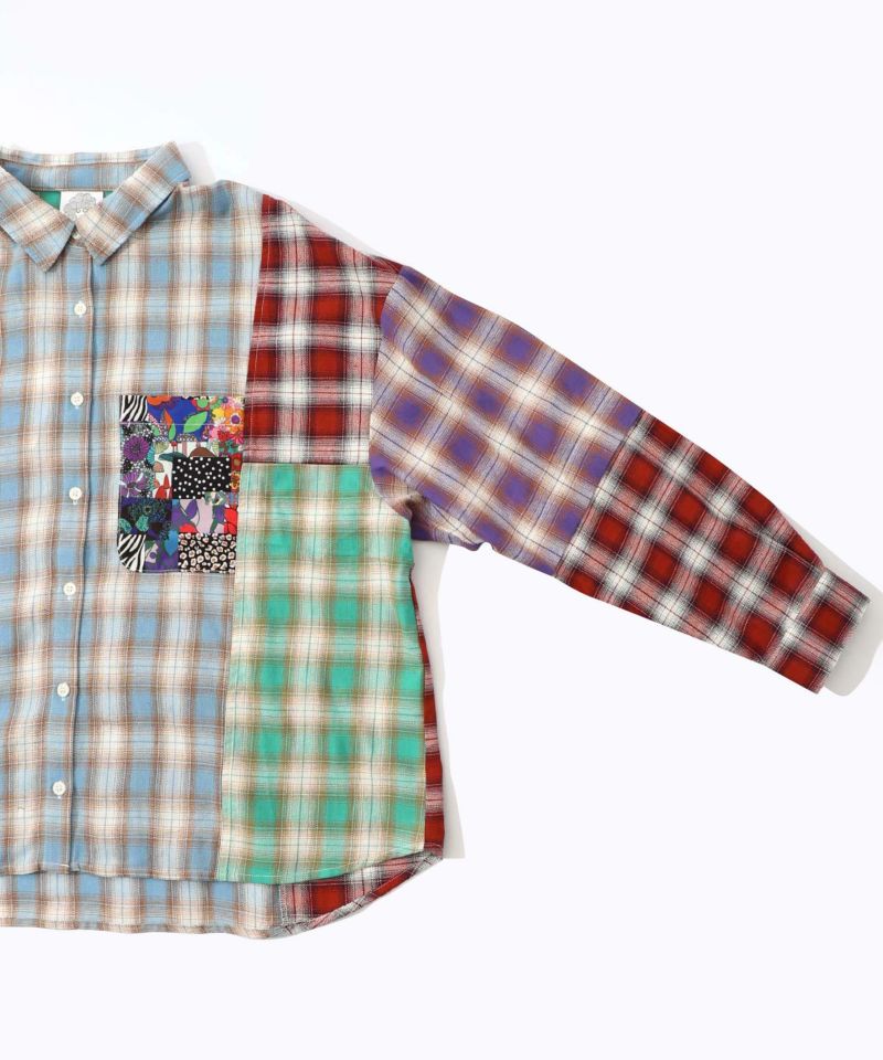 チェックと総柄のアシメパッチワークシャツ-14
