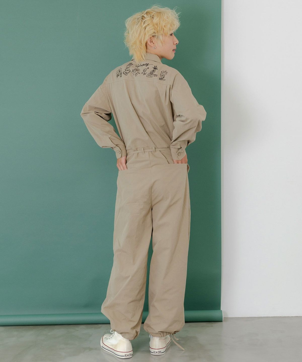 Parityキャラ宇宙刺繍 洗い加工ジャンプスーツ-21