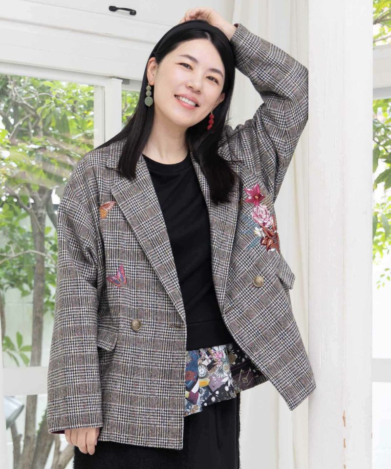 花蝶刺繍のオーバーサイズ チェック柄ジャケット-1