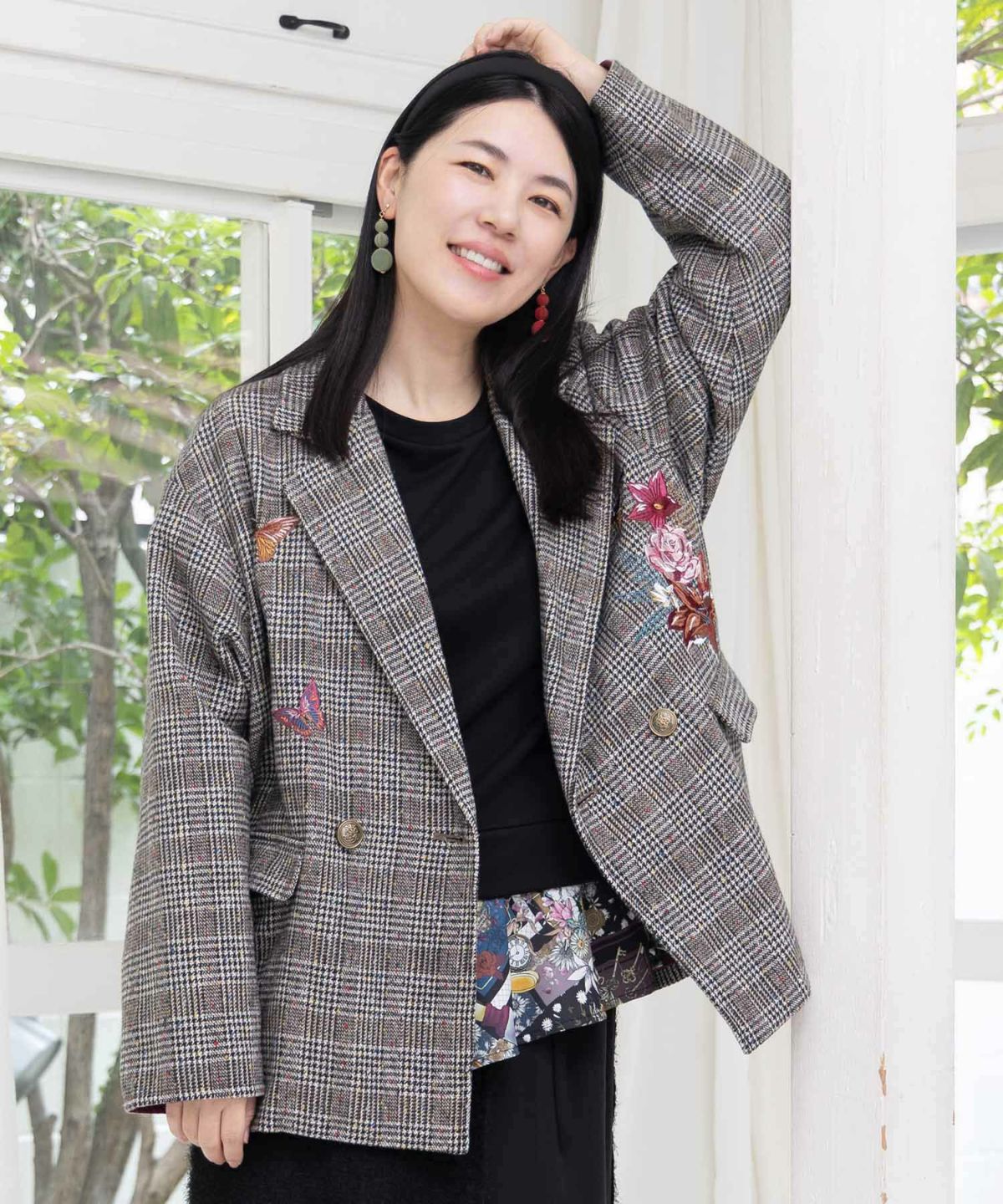 花蝶刺繍のオーバーサイズ チェック柄ジャケット-1