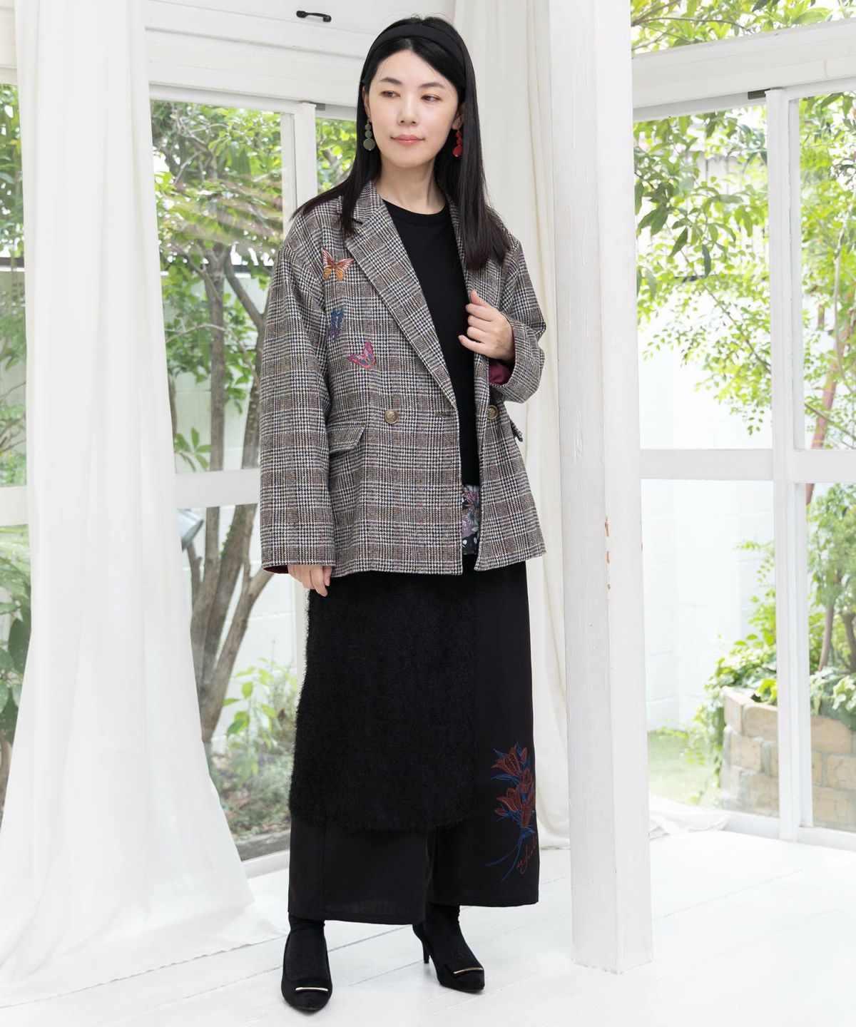 花蝶刺繍のオーバーサイズ チェック柄ジャケット-2