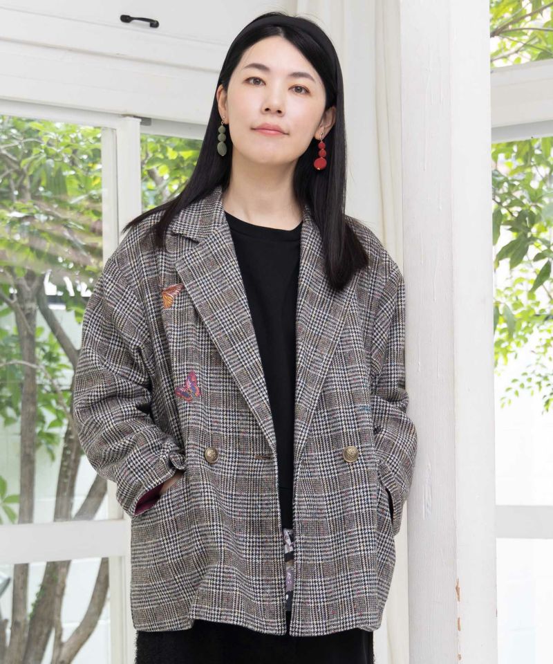 花蝶刺繍のオーバーサイズ チェック柄ジャケット-3