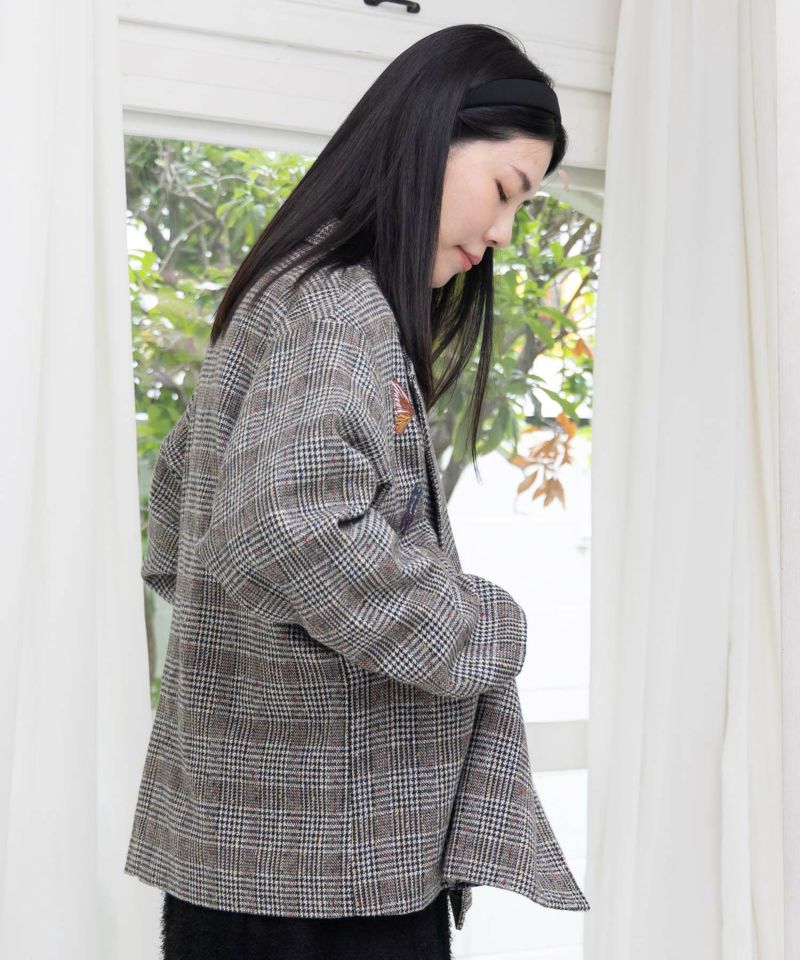 花蝶刺繍のオーバーサイズ チェック柄ジャケット-4