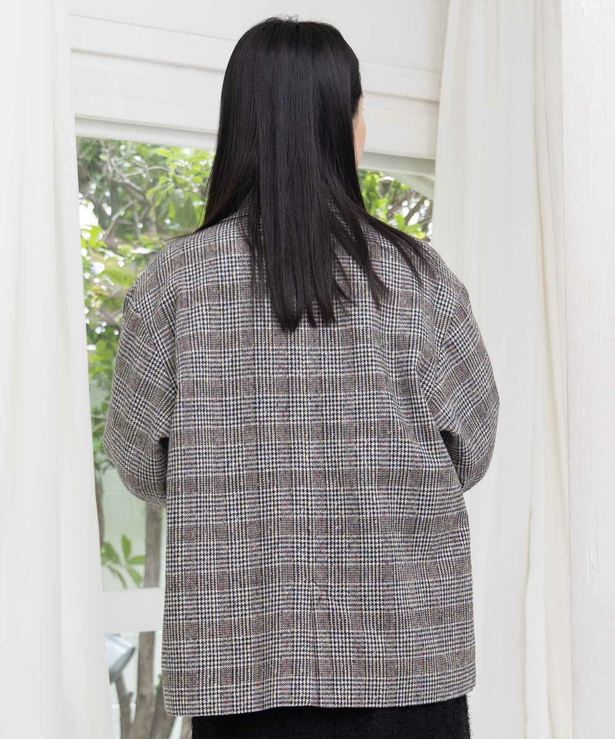 花蝶刺繍のオーバーサイズ チェック柄ジャケット-5