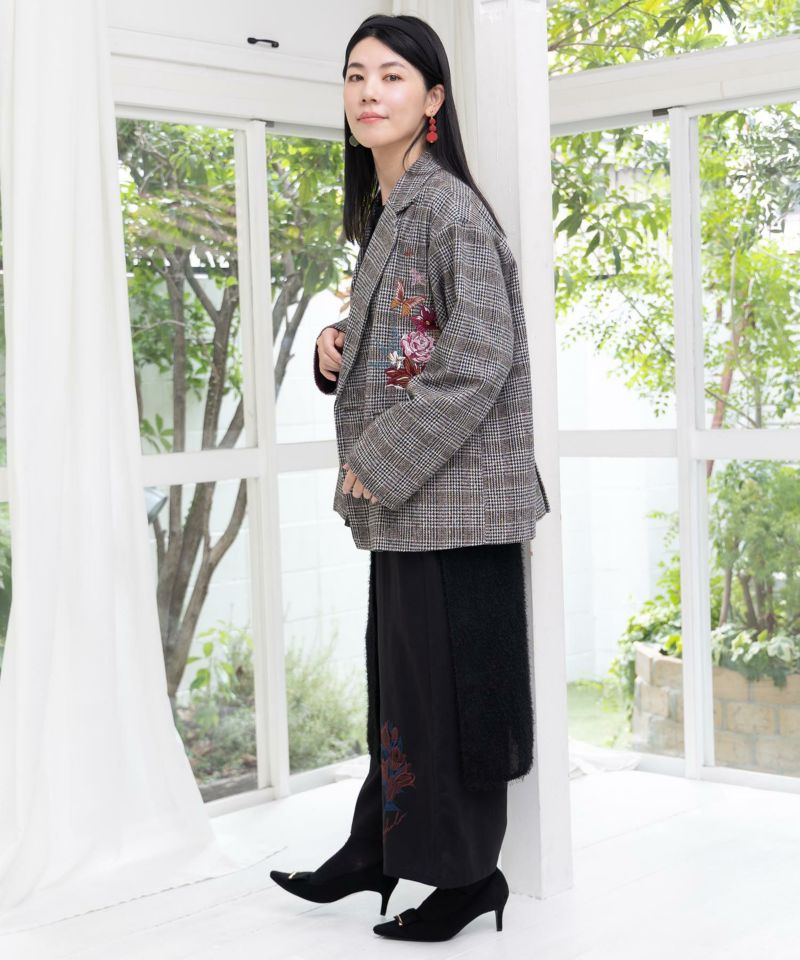 花蝶刺繍のオーバーサイズ チェック柄ジャケット-6