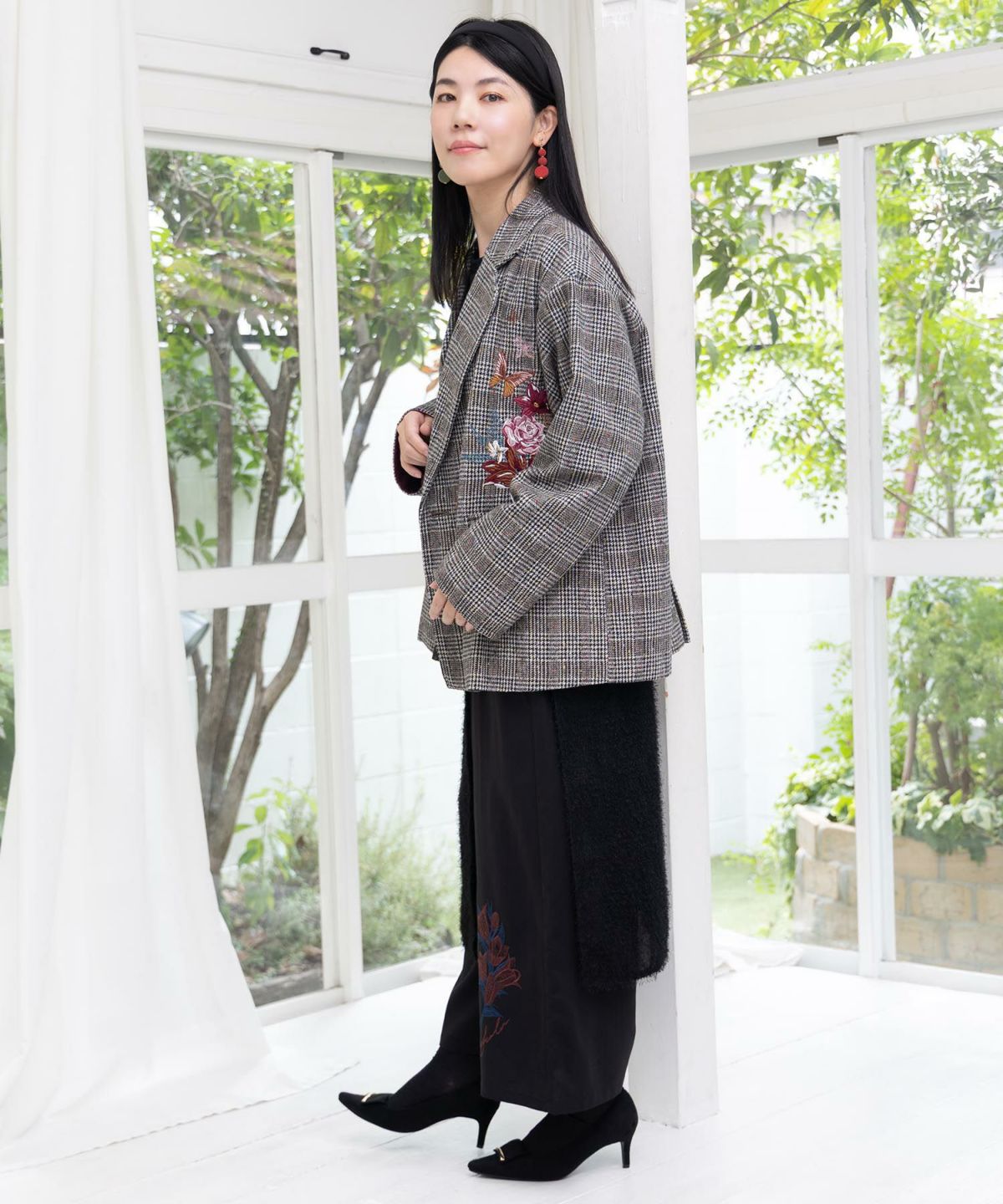 花蝶刺繍のオーバーサイズ チェック柄ジャケット-6