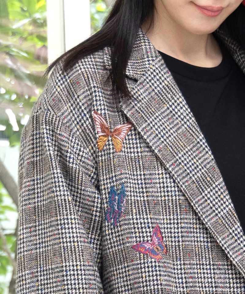 花蝶刺繍のオーバーサイズ チェック柄ジャケット-7