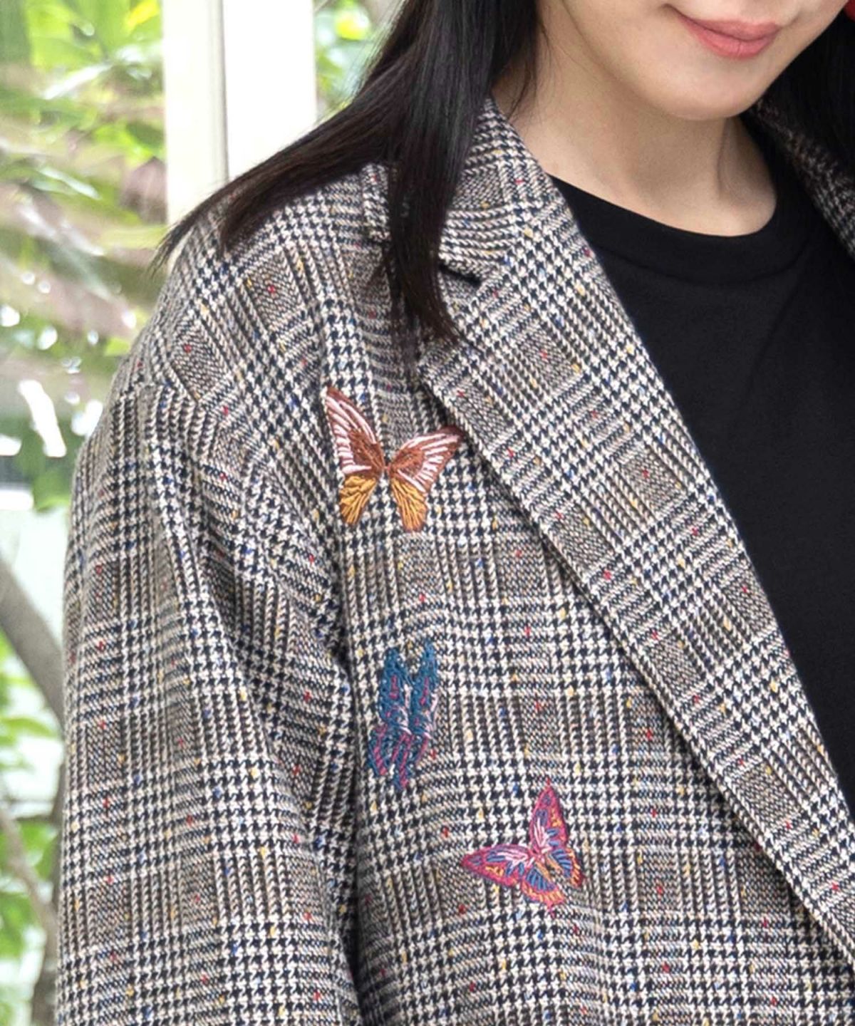 花蝶刺繍のオーバーサイズ チェック柄ジャケット-7