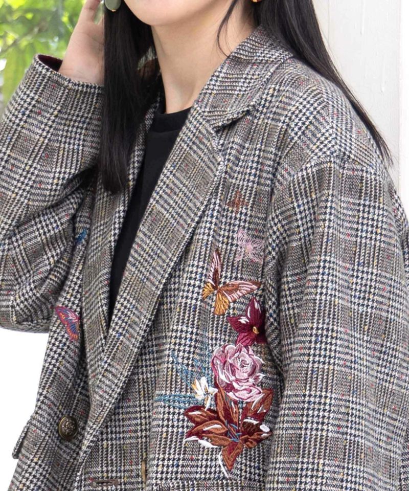 花蝶刺繍のオーバーサイズ チェック柄ジャケット-8