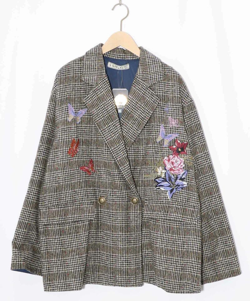 花蝶刺繍のオーバーサイズ チェック柄ジャケット-9