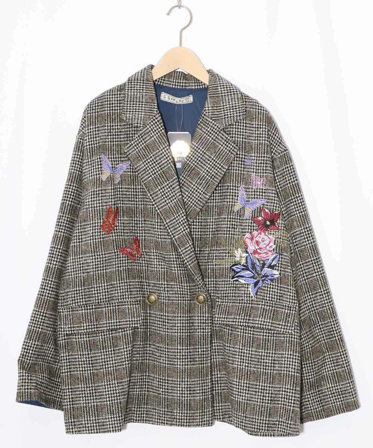花蝶刺繍のオーバーサイズ チェック柄ジャケット-9