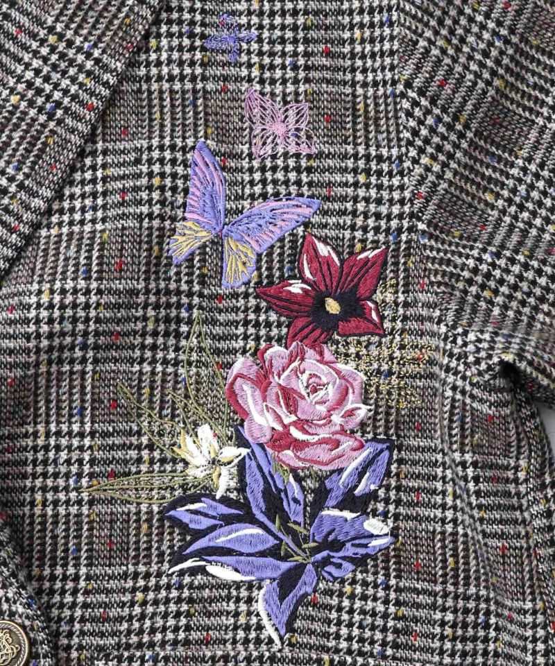 花蝶刺繍のオーバーサイズ チェック柄ジャケット-10