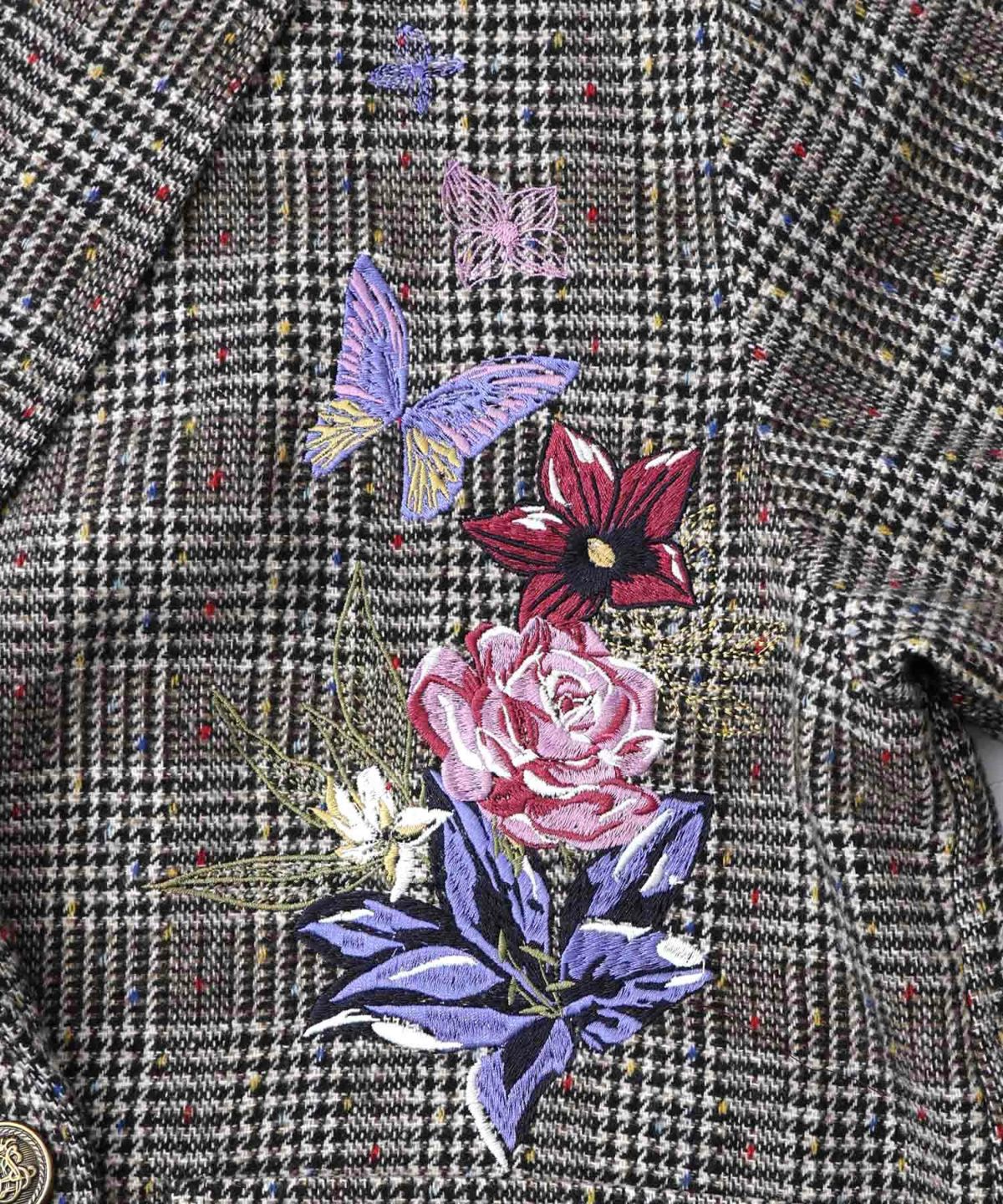 花蝶刺繍のオーバーサイズ チェック柄ジャケット-10