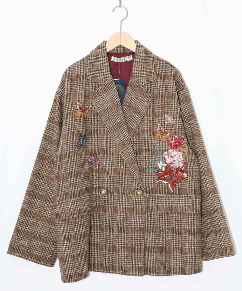 花蝶刺繍のオーバーサイズ チェック柄ジャケット-11