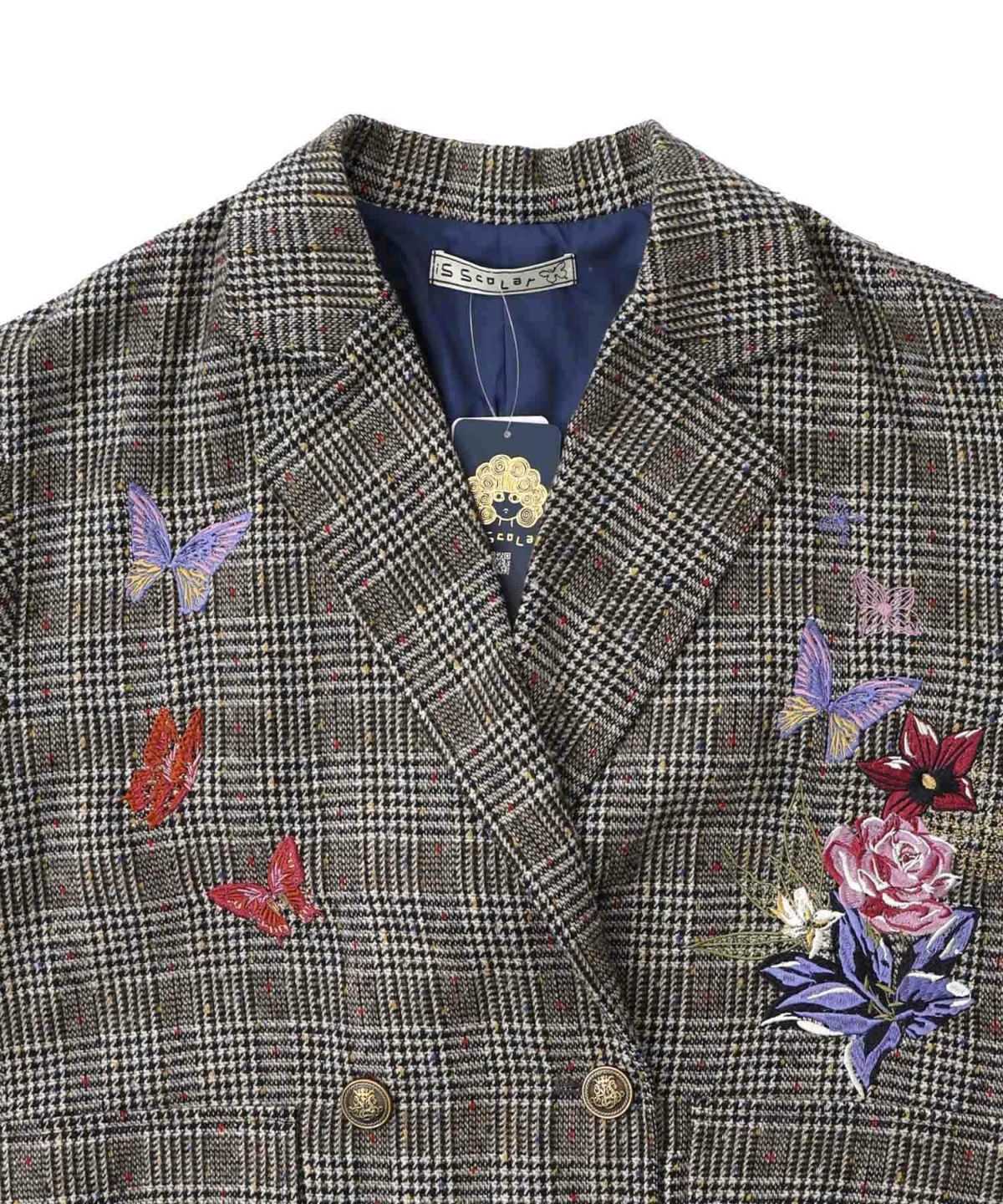 花蝶刺繍のオーバーサイズ チェック柄ジャケット-13