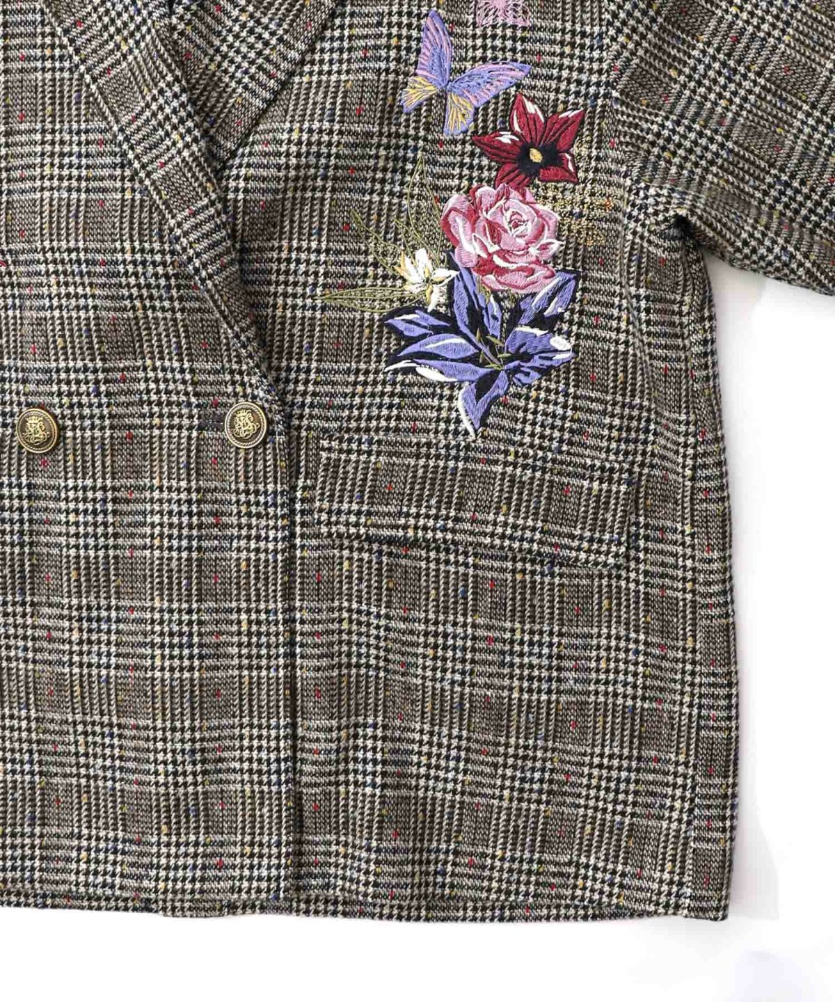 花蝶刺繍のオーバーサイズ チェック柄ジャケット-15