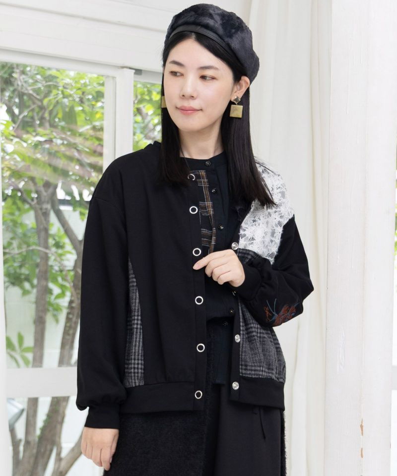 裏毛×起毛レース×チェックの異素材切替カーデ-1