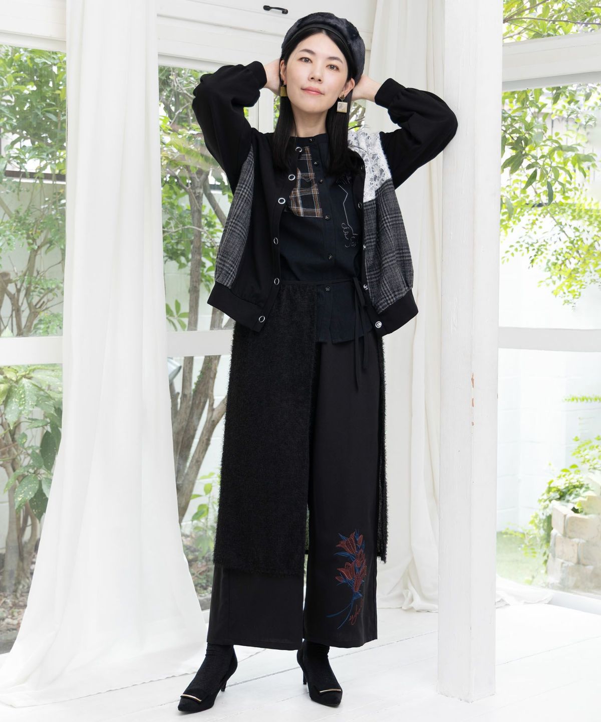 裏毛×起毛レース×チェックの異素材切替カーデ-2