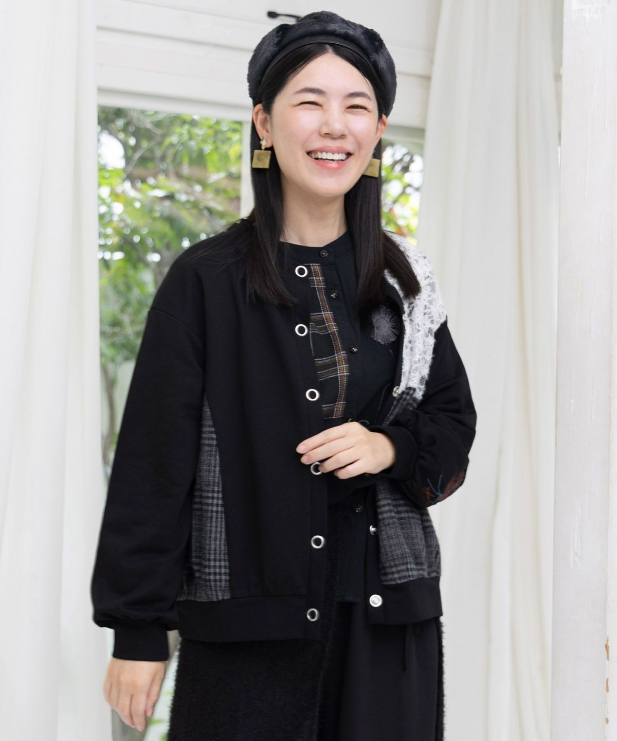 裏毛×起毛レース×チェックの異素材切替カーデ-3