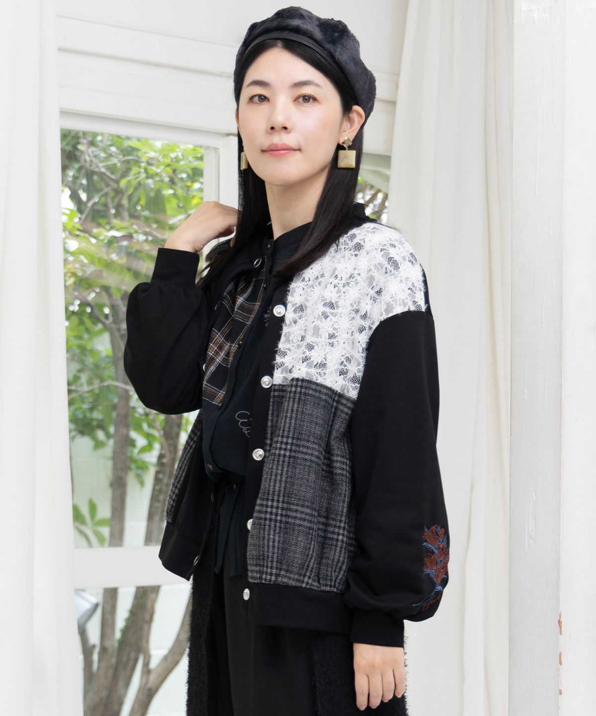 裏毛×起毛レース×チェックの異素材切替カーデ-4