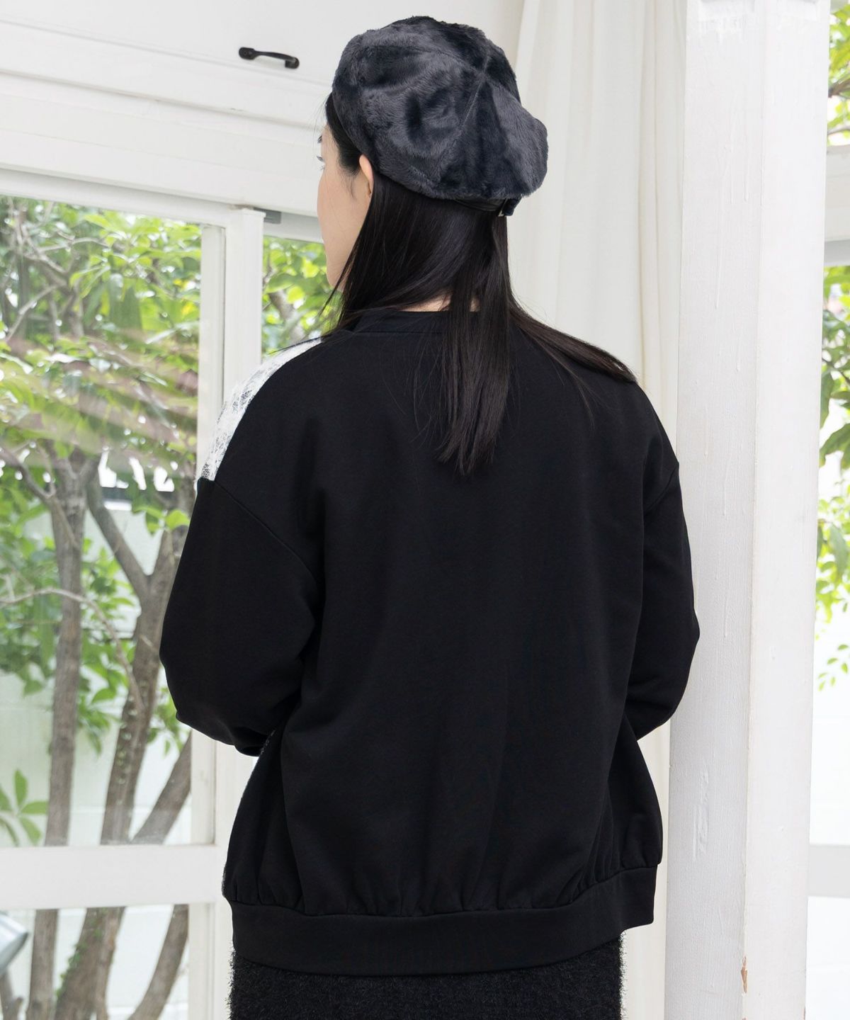 裏毛×起毛レース×チェックの異素材切替カーデ-5