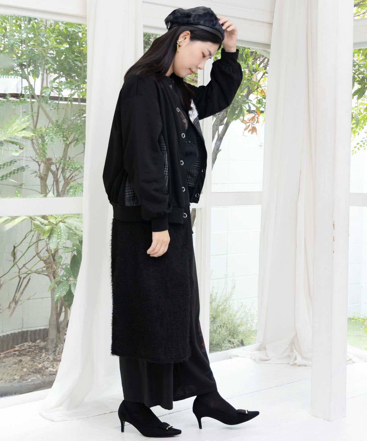 裏毛×起毛レース×チェックの異素材切替カーデ-6