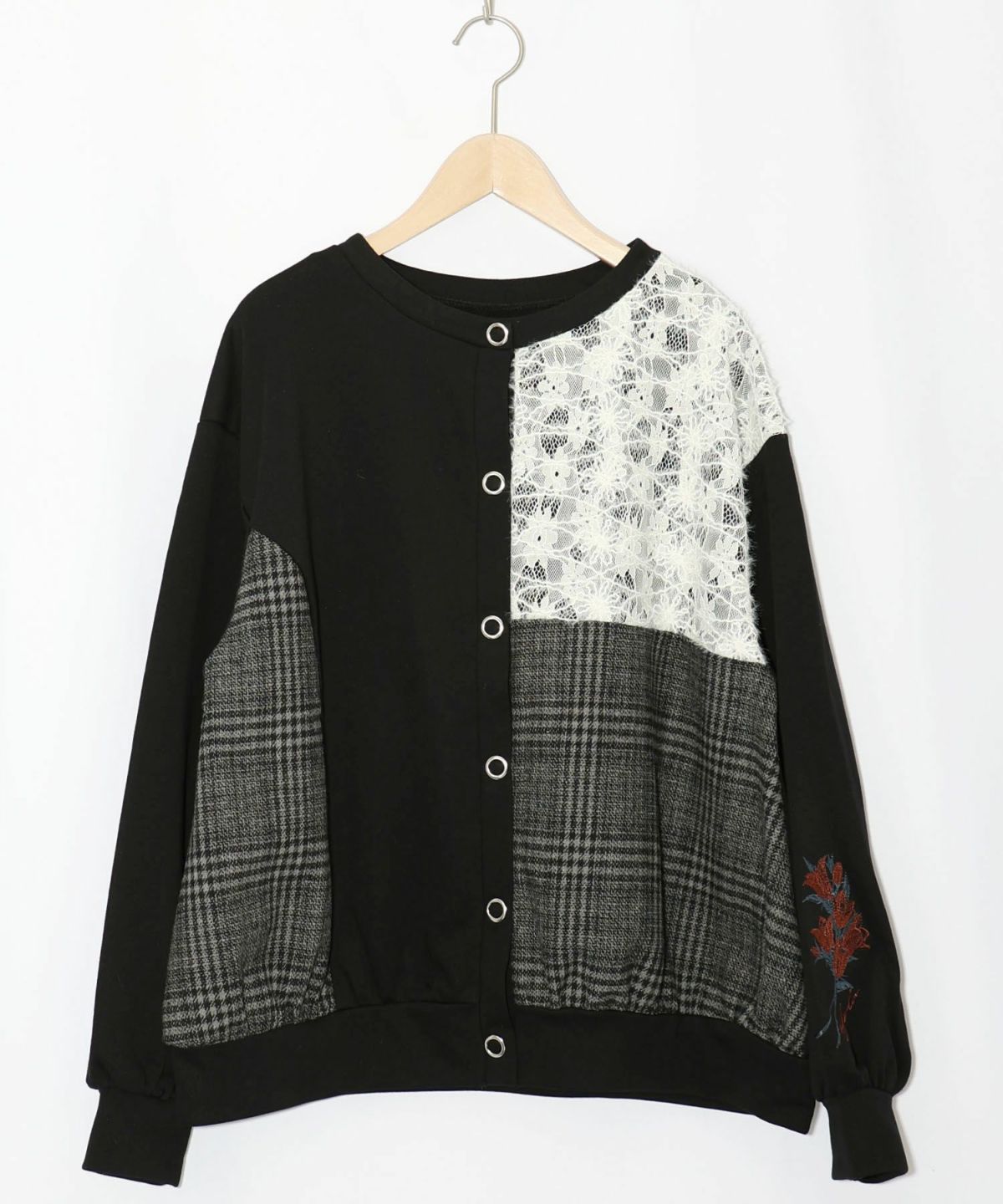 裏毛×起毛レース×チェックの異素材切替カーデ-8