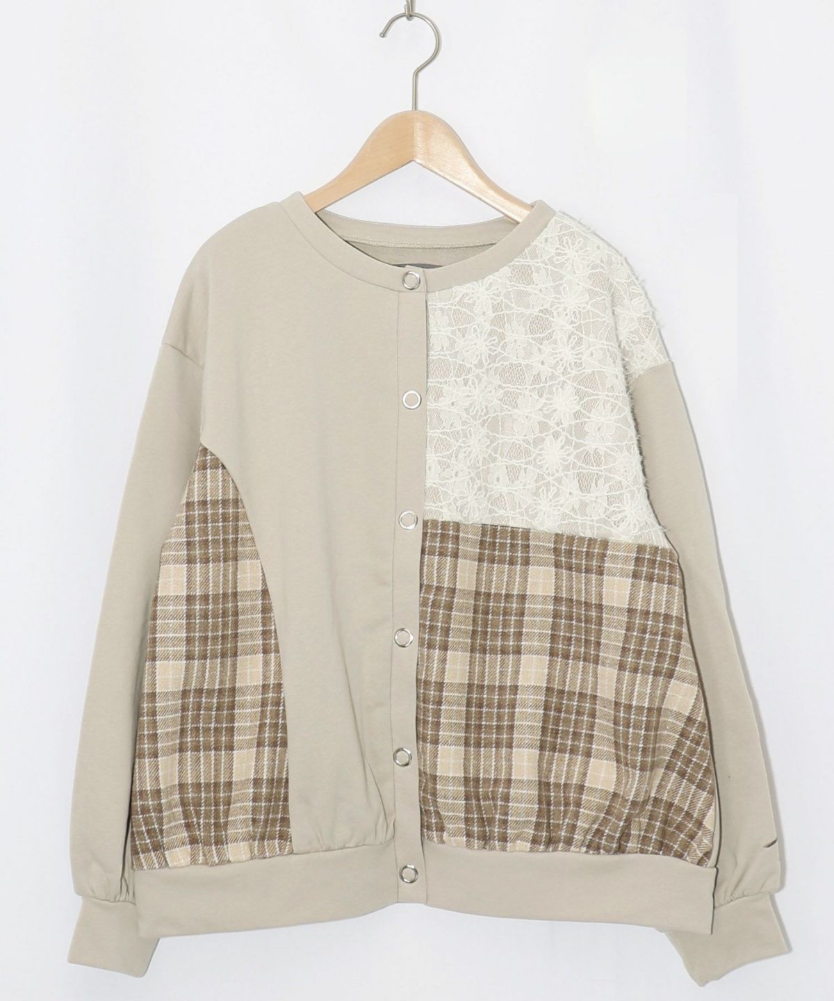 裏毛×起毛レース×チェックの異素材切替カーデ-10