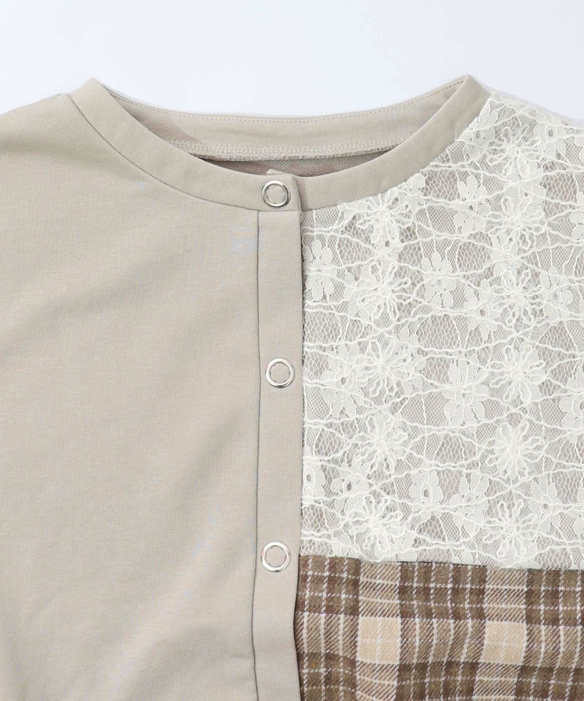 裏毛×起毛レース×チェックの異素材切替カーデ-12