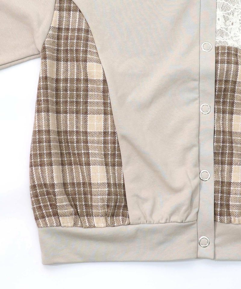 裏毛×起毛レース×チェックの異素材切替カーデ-15