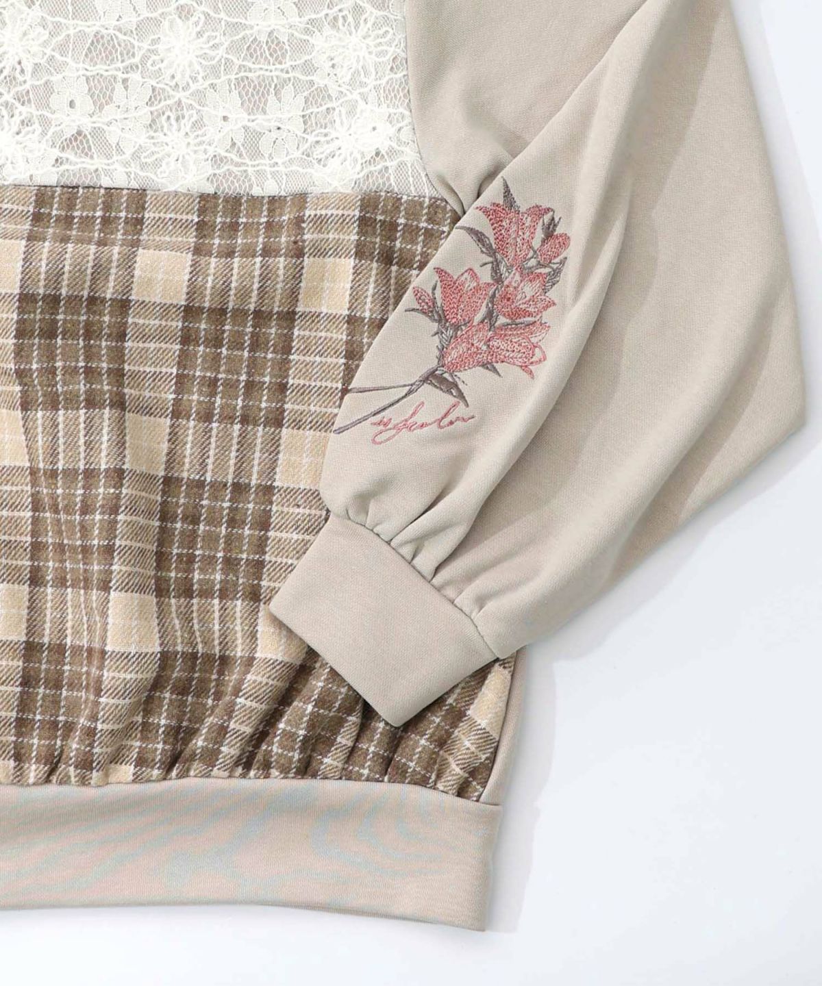 裏毛×起毛レース×チェックの異素材切替カーデ-16