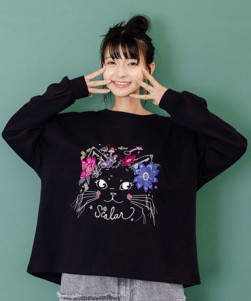 花猫刺繍のミニ裏毛プルオーバー-1