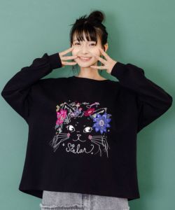 美品＊BEARDSLEY ネコ刺繍袖パフカットソー 黒 ブラック 裏起毛 美品＊BEARDSLEY ネコ刺繍袖パフカットソー 黒 ブラック 裏起毛