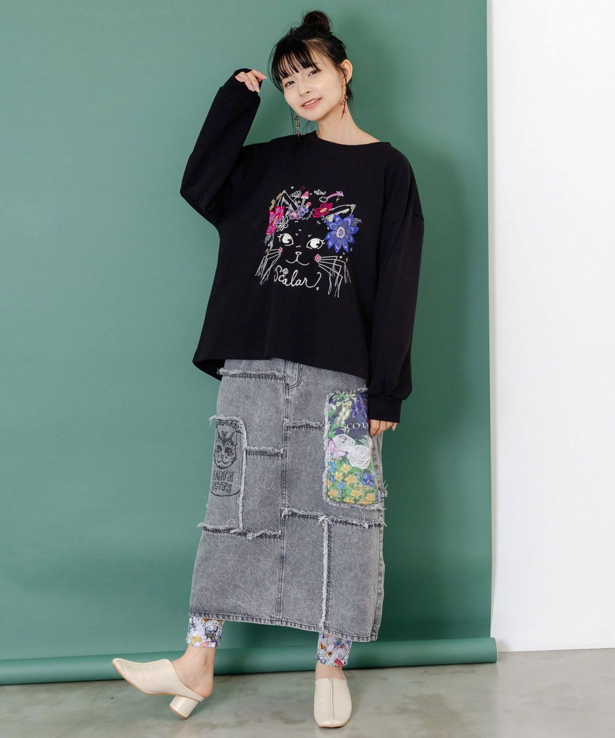 花猫刺繍のミニ裏毛プルオーバー-2