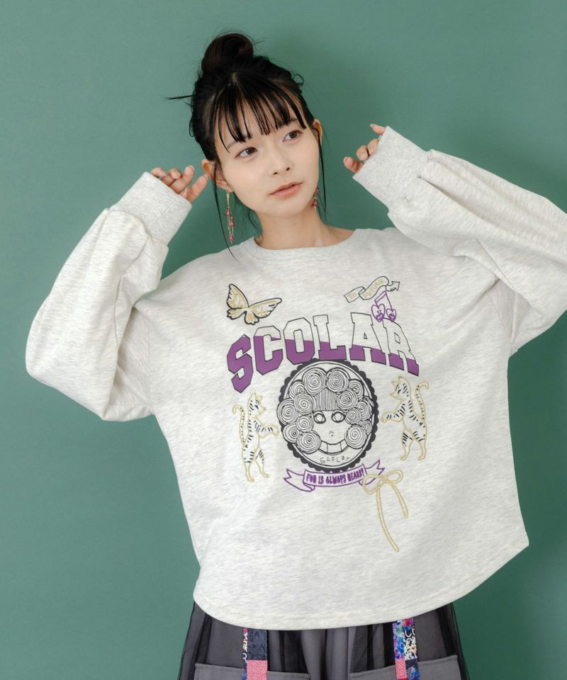 スカラーちゃん×トラ×蝶刺繍 ミニ裏毛プルオーバー-3