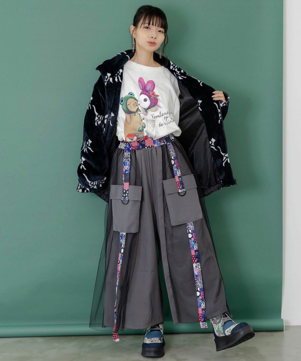 スカラー柄展開フランネル×タフタブルゾン-2