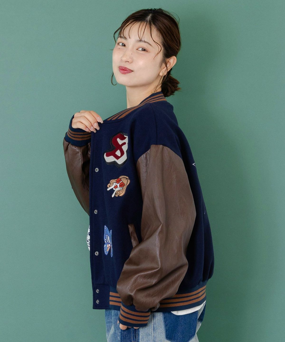 メルトン×合皮 異素材切替スタジャン-13