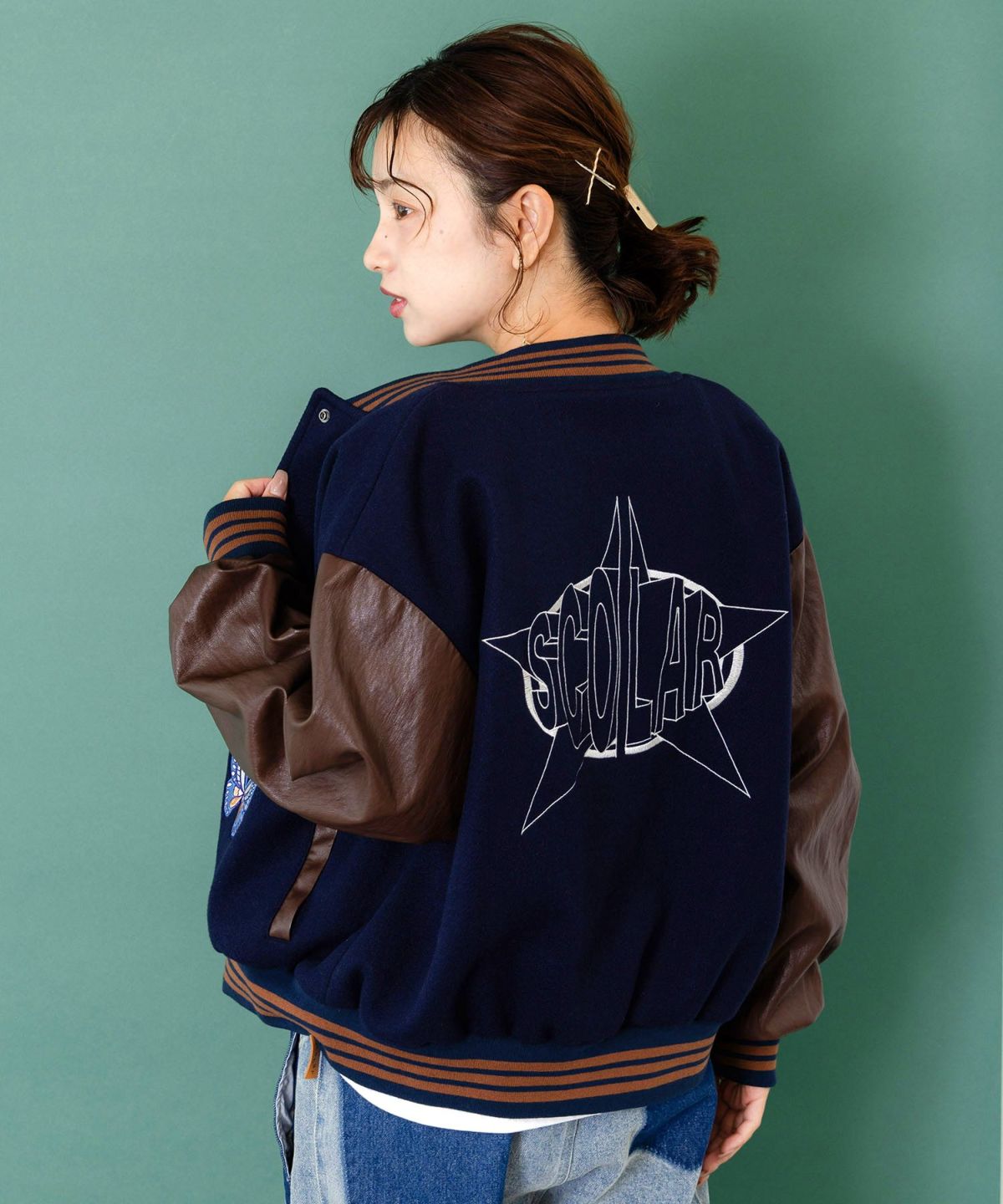 メルトン×合皮 異素材切替スタジャン-14