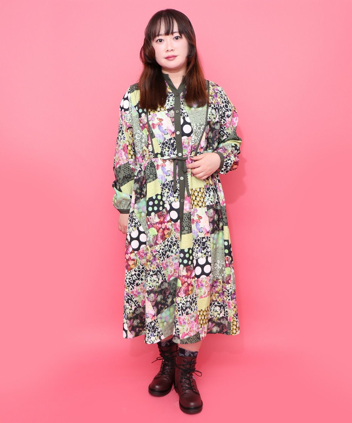 パッチワーク風総柄ドロスト前開きワンピース-1